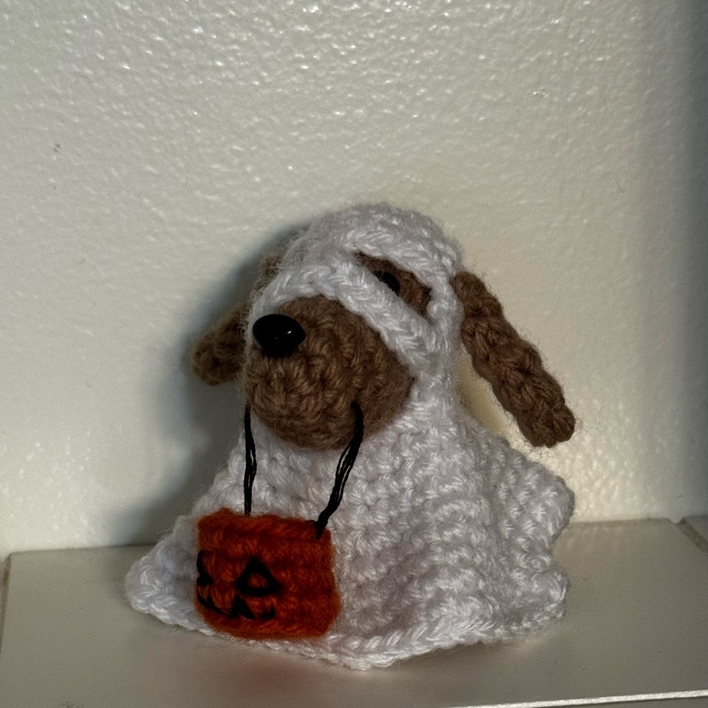 Crochet Ghost Dog with Pumpkin Bag